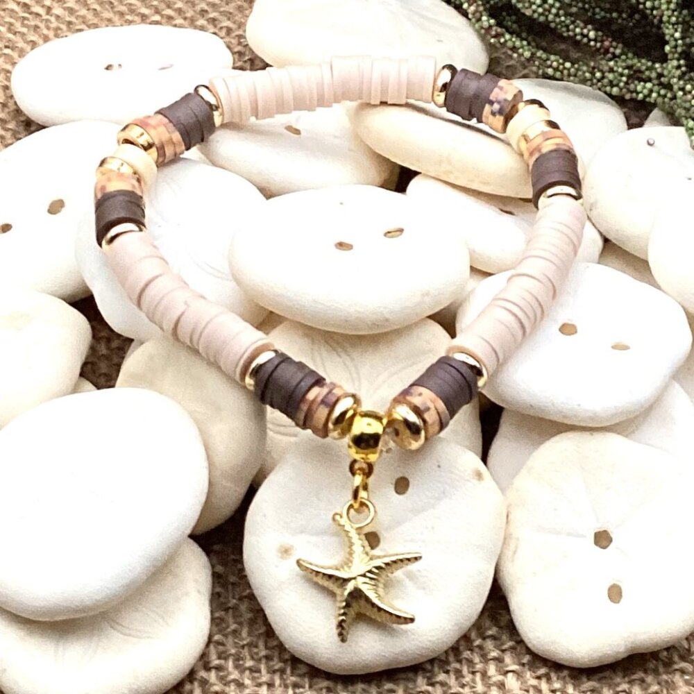 Polymer Clay Heishi and Natural Shell Stretch Bracelet - Sunlit Sands - Handmade - Picture 3 of 4